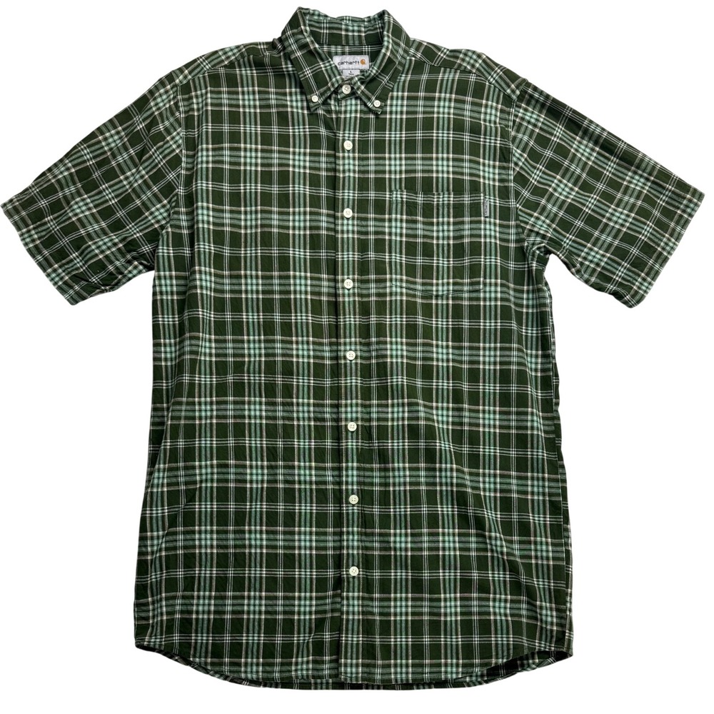 Carhartt Mens Large Tall‎ Green Plaid Short Sleeve Button Up Shirt LT